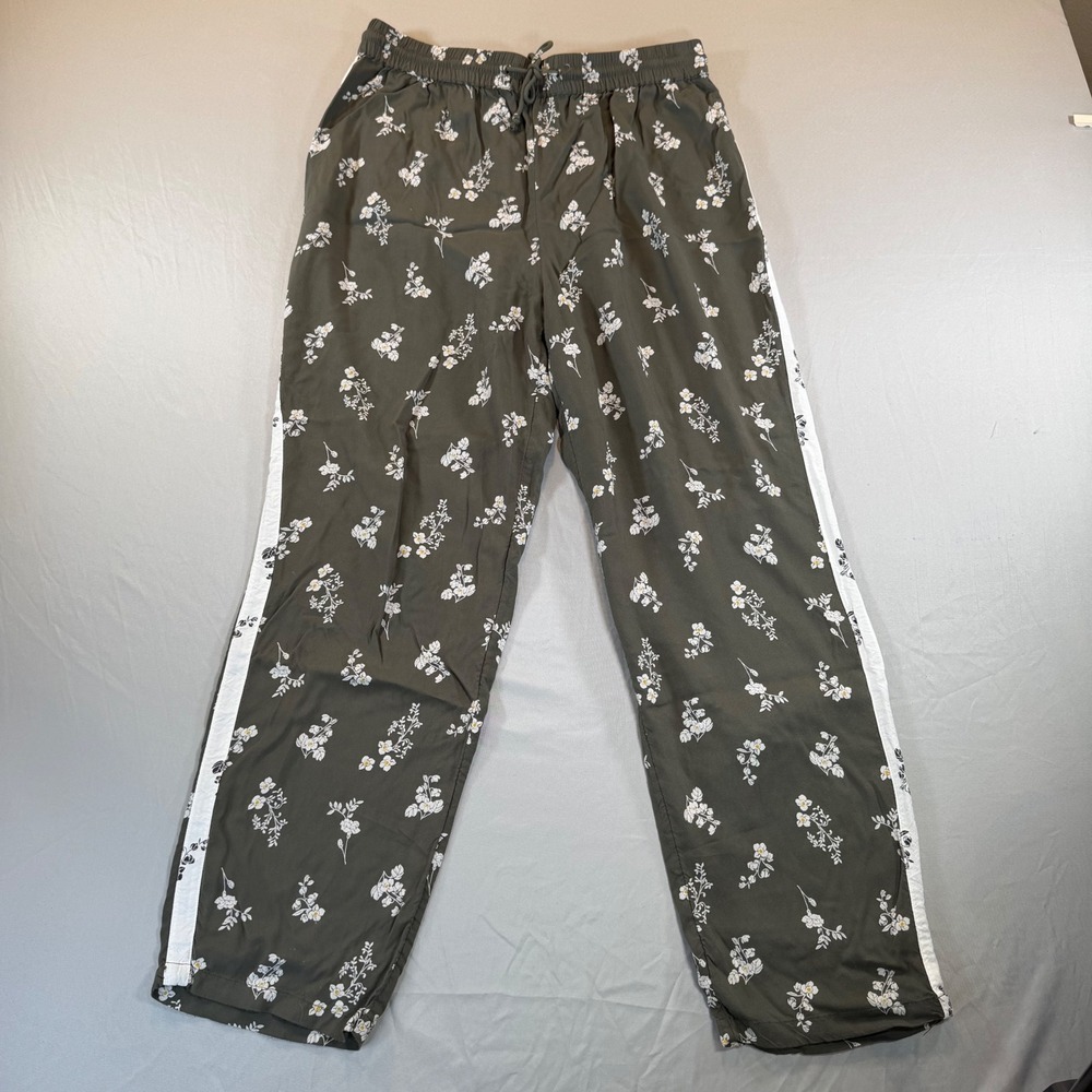 Bongo Olive Green Floral Print Lounge Pants White Side Stripe Womens Large